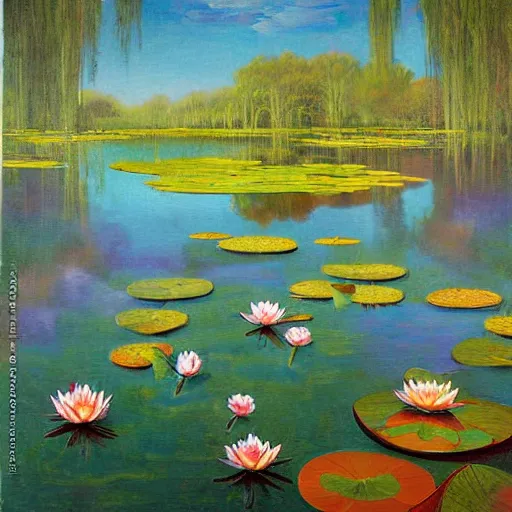 Prompt: A peaceful painting that shows a pond with water lilies floating on the surface. The colors are soft and calming, and the overall effect is one of serenity and relaxation. comatesque inlay by Chantal Joffe, by Jacek Yerka, by Ross Tran