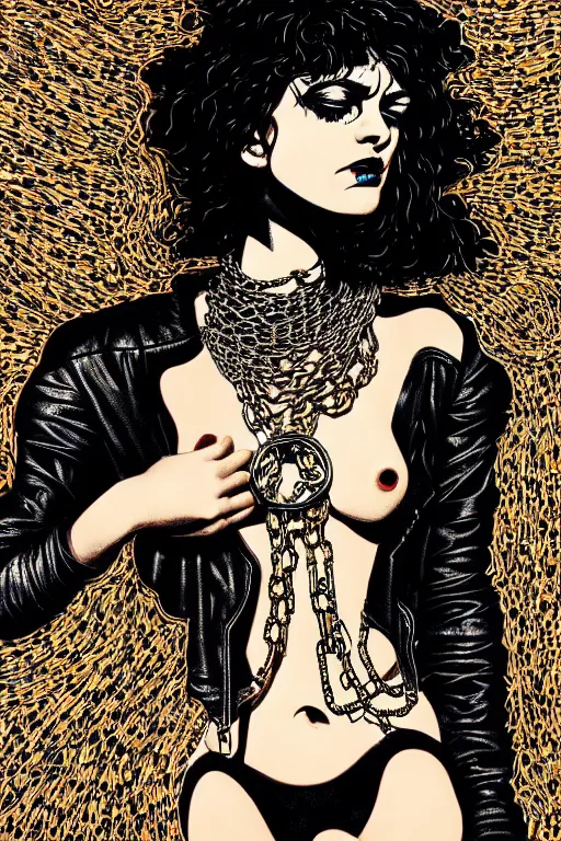 Prompt: dreamy rock girl with beautiful body, black leather and chains, detailed acrylic, heavy metal, intricate complexity, by dan mumford and by alberto giacometti, peter lindbergh, malevich, william stout