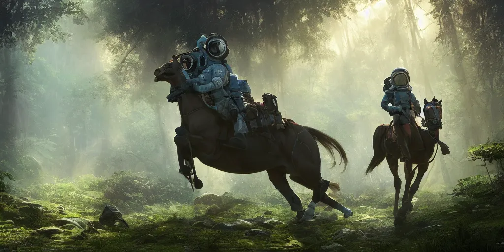 Image similar to american astronaut in an indian forest riding a beautiful stallion, plants environment, furious action scene, wide angle, cinematic lighting, atmospheric, ultrarealistic, trending on artstation, cgsociety, highly detailed, color graded, in the style of craig mullins, rendered in Unreal Engine 4k HQ, horizon forbidden west