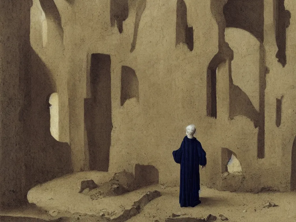 Image similar to albino mystic, with his back turned, looking in the distance at a ruins of a mosque in the sand desert. Painting by Jan van Eyck, Caspar David Friedrich, Rene Magritte, Agnes Pelton, Max Ernst, Walton Ford