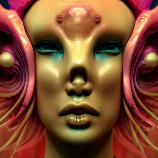 Image similar to goddess princess face close-up portrait ram skull abstract 3d composition. jellyfish phoenix head, nautilus, orchid, skull, betta fish, bioluminiscent creatures, intricate artwork by Tooth Wu and wlop and beeple. octane render, trending on artstation, greg rutkowski very coherent symmetrical artwork. cinematic, hyper realism, high detail, octane render,