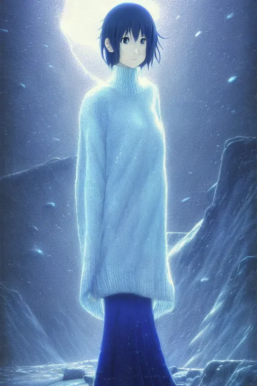 Image similar to portrait of the sapphire herald in an elegant winter sweater, by makoto shinkai, by akihiko yoshida, by zdzislaw beksinski, by dariusz zawadzki, artbook, tone mapped, deep blues, shiny, soft lighting