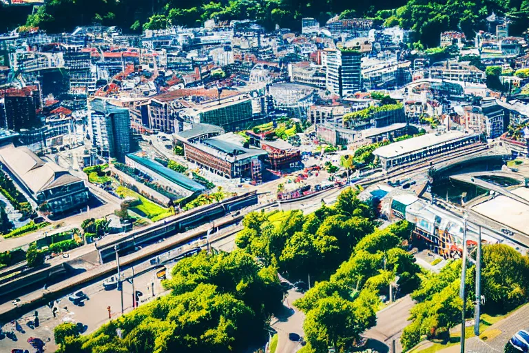 Image similar to bird's eye view photography of a small city. town hall, central farm, monorail station, beach and harbor. hills, woods and lake to the north.