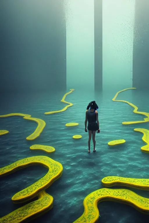 Image similar to hyperrealistic precisionist cinematic half underwater neo - dystopian city ruins with giant floating yellow algae, digital art masterpiece, aykut aydogdu eric zener, dramatic volumetric light, long shot, low angle uhd 8 k, sharp focus