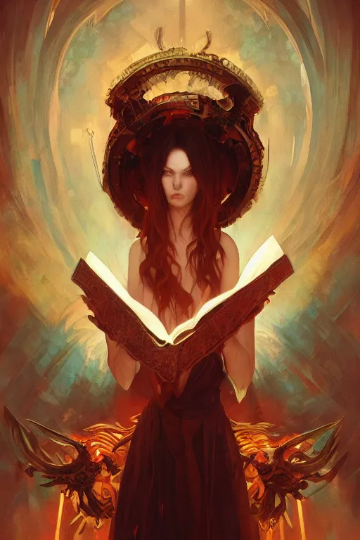 Prompt: demon harbinger of revelations reading from the book of life and death, highly detailed, raytracing, subsurface scattering, digital render, artstation, concept art, cinematic lighting, illustration, art by artgerm, greg rutkowski and alphonse mucha