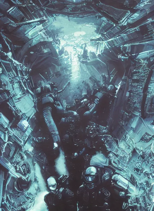 Image similar to astronauts in dark void underwater - complex and hyperdetailed technical suit. reflection and dispersion materials. rays and dispersion of light. volumetric light. f / 3 2. noise film photo. flash photography. ultra realistic, wide angle. poster by wayne barlowe, hajime sorayama aaron horkey, craig mullins