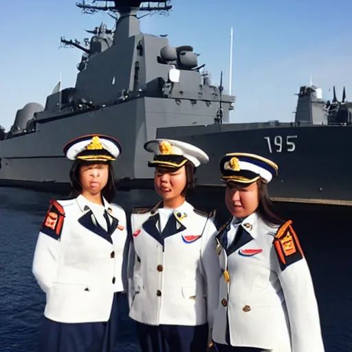 Prompt: 9 Young female Mongolian Navy Captain, wearing a reefer jacket and peaked cap, giving a thumbs up, posing with a warship in the background