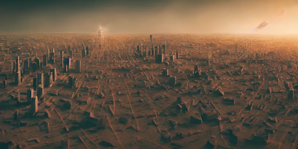 Image similar to photo of city on mars, aelita, phalanster, norilsk city, telephoto, anamorphic cinematography, beautiful composition, color theory, leading lines, photorealistic, moody volumetric lighting