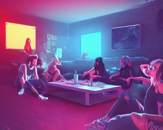 Image similar to a painting of an emo teenager hanging out with her friends at a super cool house party, synthwave, retrowave, synth, volumetric lighting, unreal engine, atmospheric, hip, cool, college party