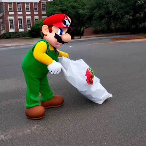 Image similar to super mario throwing away some trash