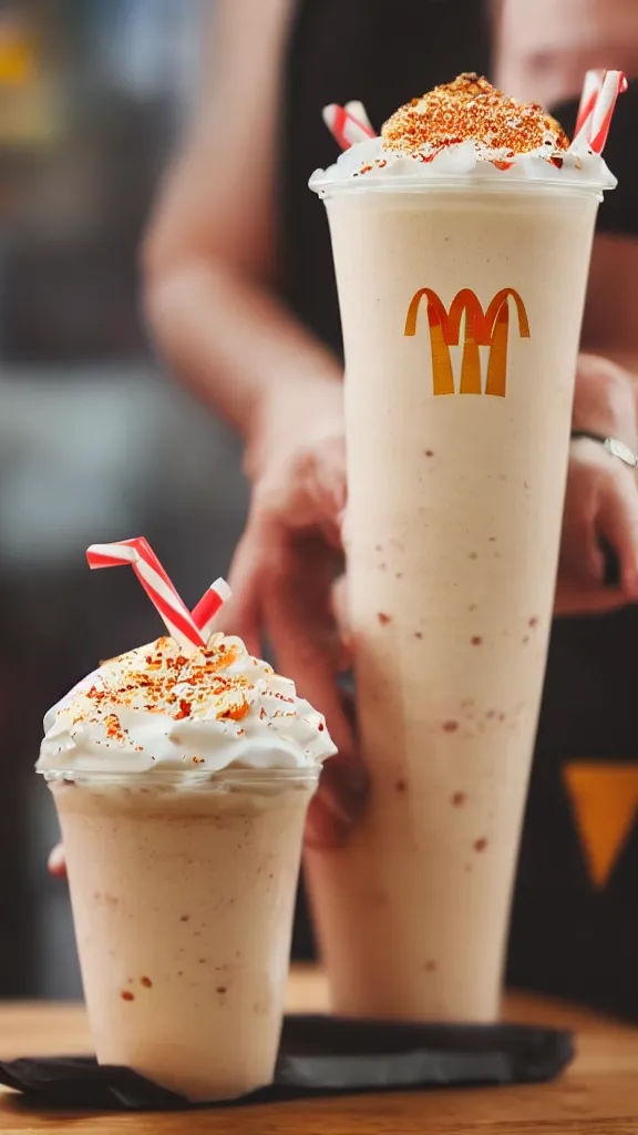 Prompt: a studio photograph of a take-away McDonald’s milkshake in a branded cup lit cinematically, medium-angle lens, high contrast, highly detailed, sharp focus,