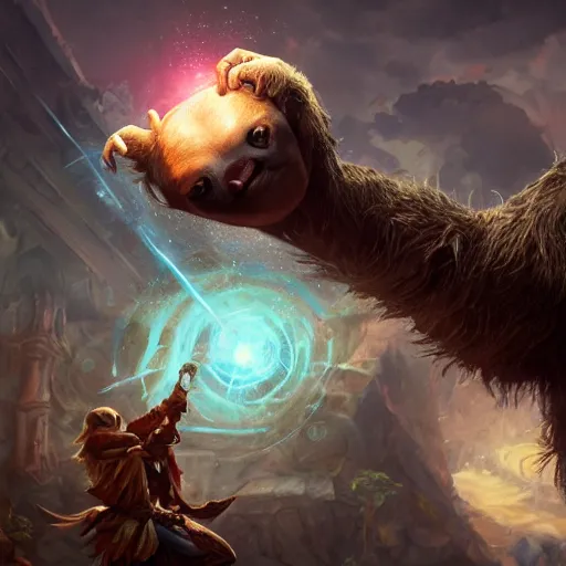 Image similar to Sloth, Anthropomorphized, casting epic spell, magic the gathering artwork, D&D, fantasy, cinematic lighting, centered, symmetrical, highly detailed, digital painting, artstation, concept art, smooth, sharp focus, illustration, volumetric lighting, epic Composition, 8k, art by Akihiko Yoshida and Greg Rutkowski and Craig Mullins, heroic pose, oil painting, cgsociety, magic lab background