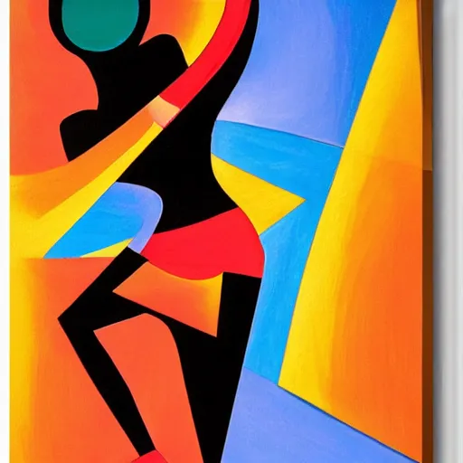 Prompt: woman woman dances by the river at sunset , abstract art in the style of cubism and georgia o’keefe ,