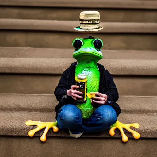 Prompt: frog sitting on stairs with a sombrero next to a can of beer