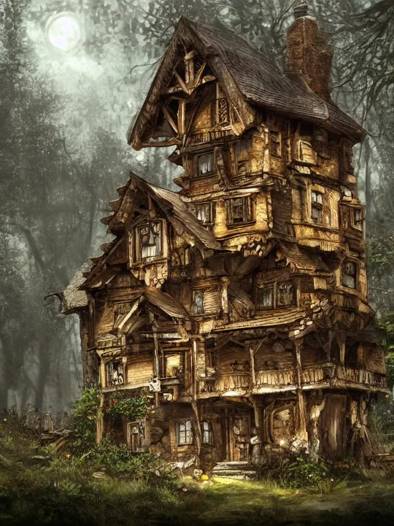 Image similar to old house in the woods, highly detailed, digital art, sharp focus, raytracing, trending on art station, warhammer fantasy setting,