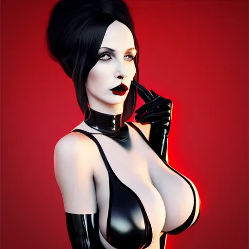 Prompt: portrait of a classy pale voluptuous goth woman with an elaborate elegant black-red-silver latex striped high-neck outfit, cgsociety, photorealistic, sublime, evil, 16k, smooth, sharp focus, trending on ArtStation, volumetric lighting