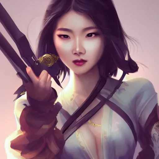 Image similar to beautiful Asian woman with a weapon, full view, character design, warrior outfit, dramatic lighting, by seunghee Lee,detailed, artstation