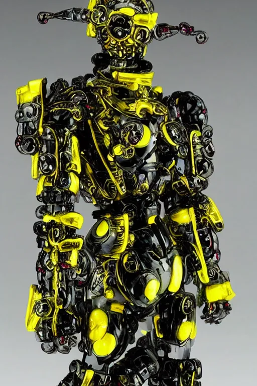 Prompt: a intricate anime figurine that looks like a transparent plastic robot with fluo colored details with yellow smoke, moody light, flemish painting