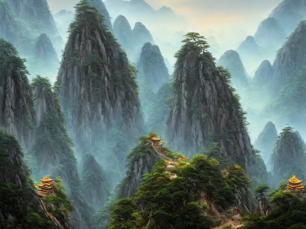 Image similar to beautiful mountainous landscape of huangshan with buddisht and taoist temples on hilltops on a rainy day by federico pelat, andreas rocha, greg rutkowski, artstation, futuristic, sci - fi, hd, 4 k, wide - angle