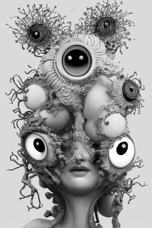 Image similar to 3 d full head and shoulders beautiful white porcelain woman with white big eyeballs all through her hair, ornate detailed hair, 3 d swirling hair by theodor seuss geisel and daniel arsham and xiang duan, simon stalenhag, kim jung gi, on a white background