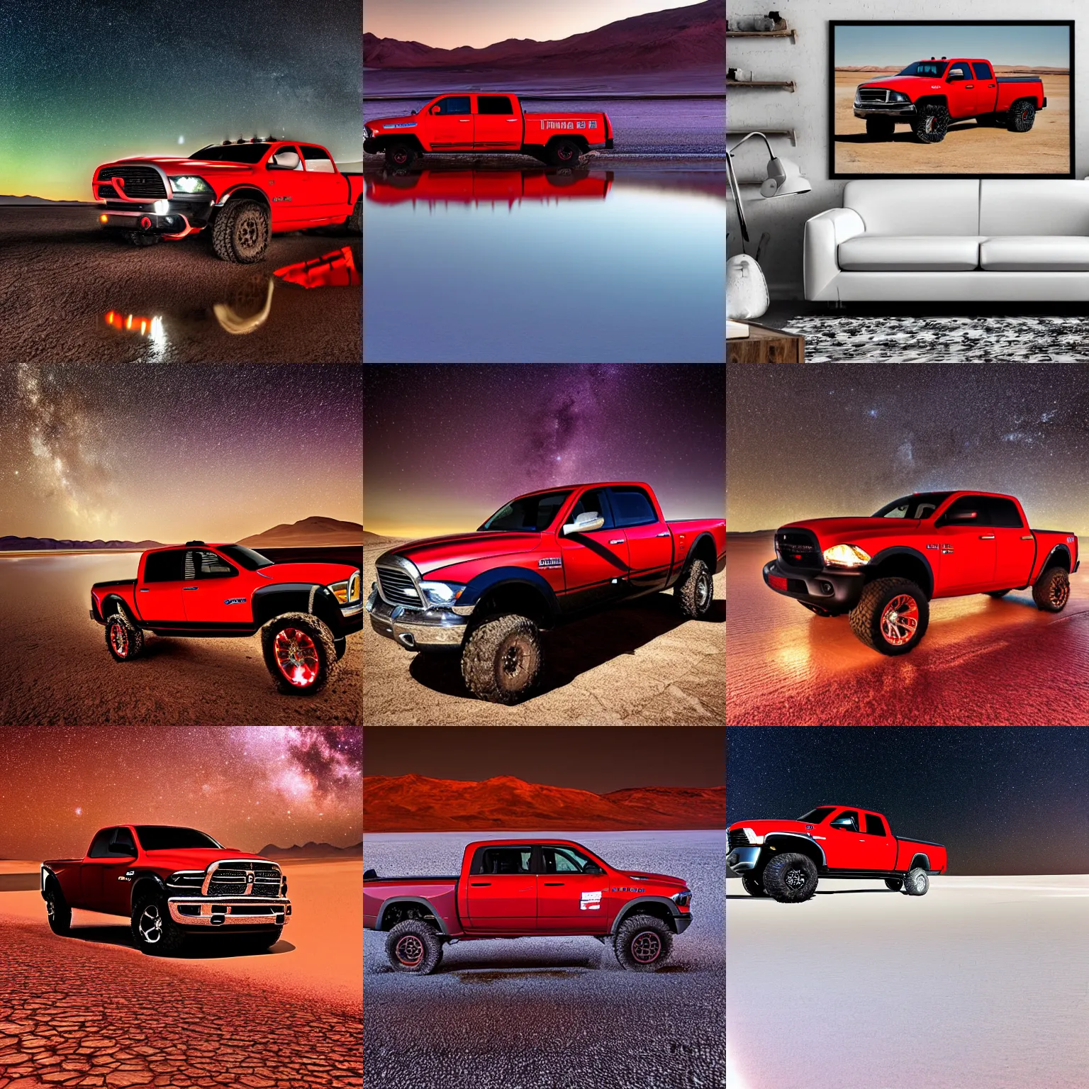 Prompt: dodge ram red power wagon with the mars rover on wet salt flats at night, reflections, long exposure, milky way, Sayem Reza, poster