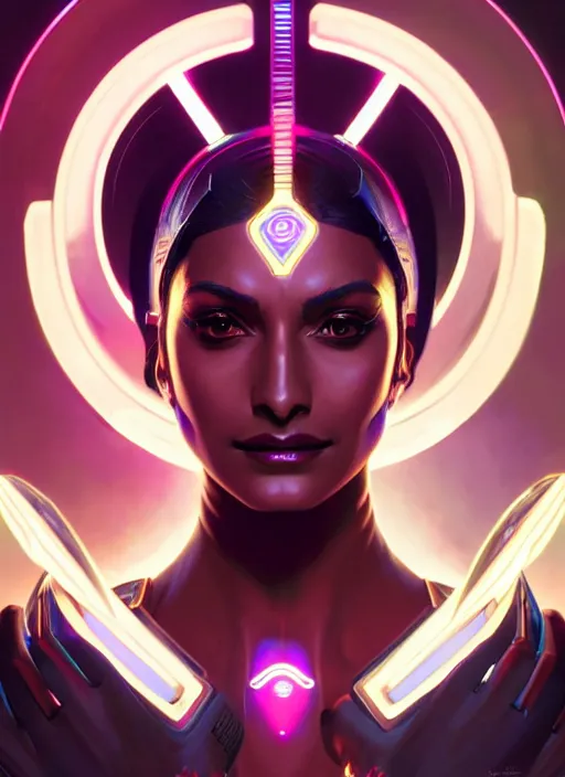 Prompt: symmetry portrait of symmetra from overwatch, closeup, sci - fi, tech wear, glowing lights intricate, elegant, highly detailed, digital painting, artstation, concept art, smooth, sharp focus, illustration, art by artgerm and greg rutkowski and alphonse mucha