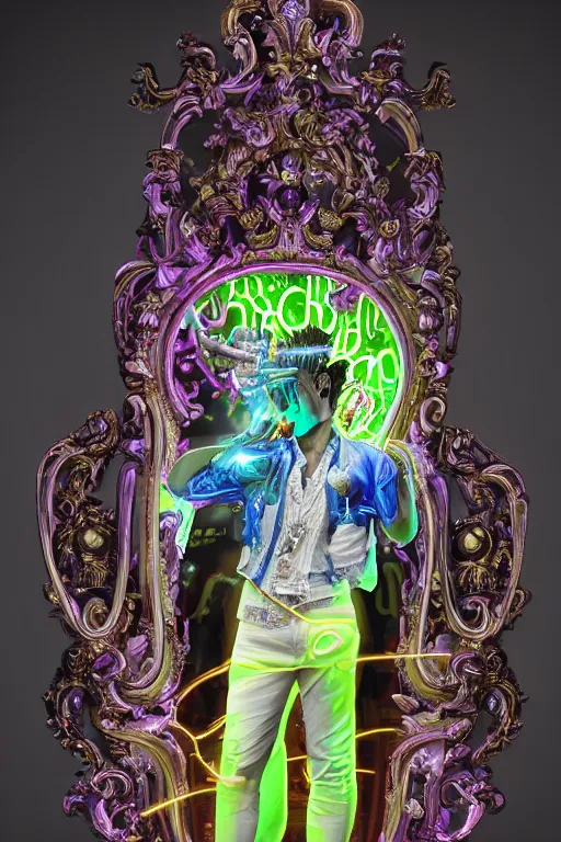 Image similar to full-body neon porcelain bladerunner and rococo style sculpture of a young handsome Cuban prince wearing cholo shades as a half android with a porcelain chest opening exposing circuitry and electric sparks, glowing laser beam eyes, crown of giant diamonds, flowing neon-colored silk, fabric, raptors. baroque elements. full-length view. baroque element. intricate artwork by caravaggio. many many birds birds on background. Trending on artstation, octane render, cinematic lighting from the right, hyper realism, octane render, 8k, depth of field, 3D