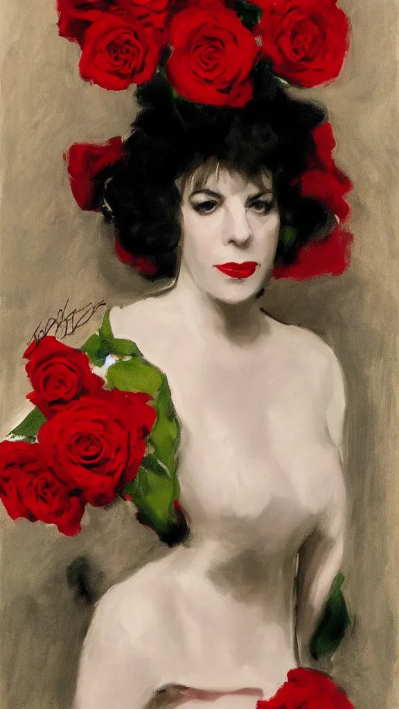 Prompt: portrait of julee cruise in lynch pattern, red roses, painted by john singer sargent