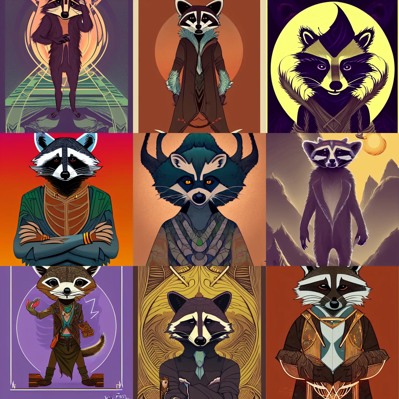 Image similar to an illustration of a raccoon elemental - wizard fantasy - character in the style of art - deco artwork art by kyle ferrin and loish!, digital art, highly detailed, intricate, sharp focus, trending on artstation hq, deviantart, 4 k uhd image
