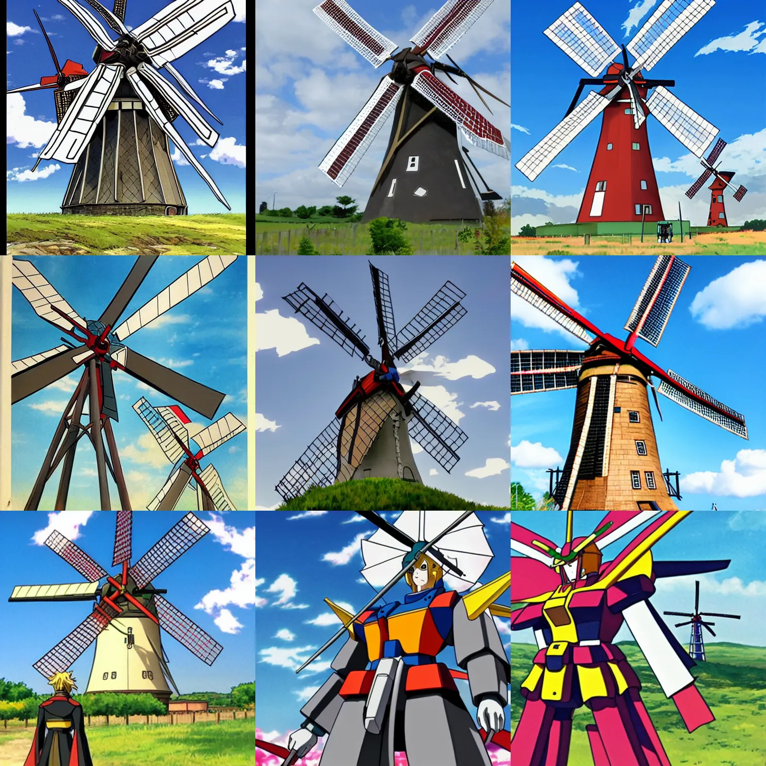 Prompt: gundam as dutch windmill in anime