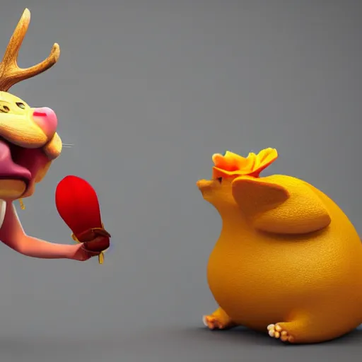 Prompt: 3 d render, ancient antler deity, yellow rat pig, holding a red orchid, laughing, brightly lit room