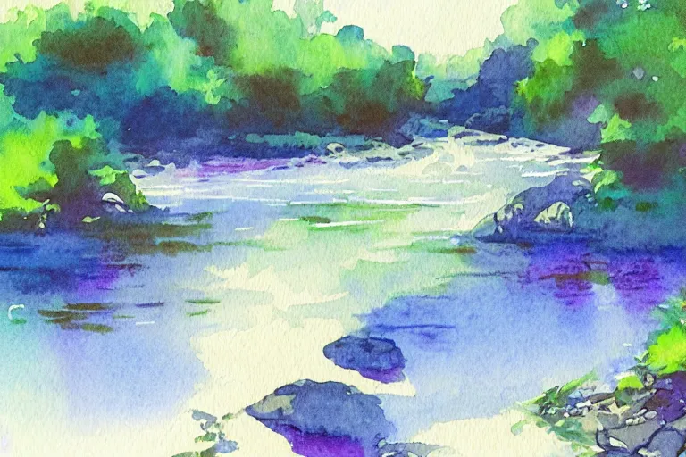 Prompt: river summer watercolor pen light color on artstation