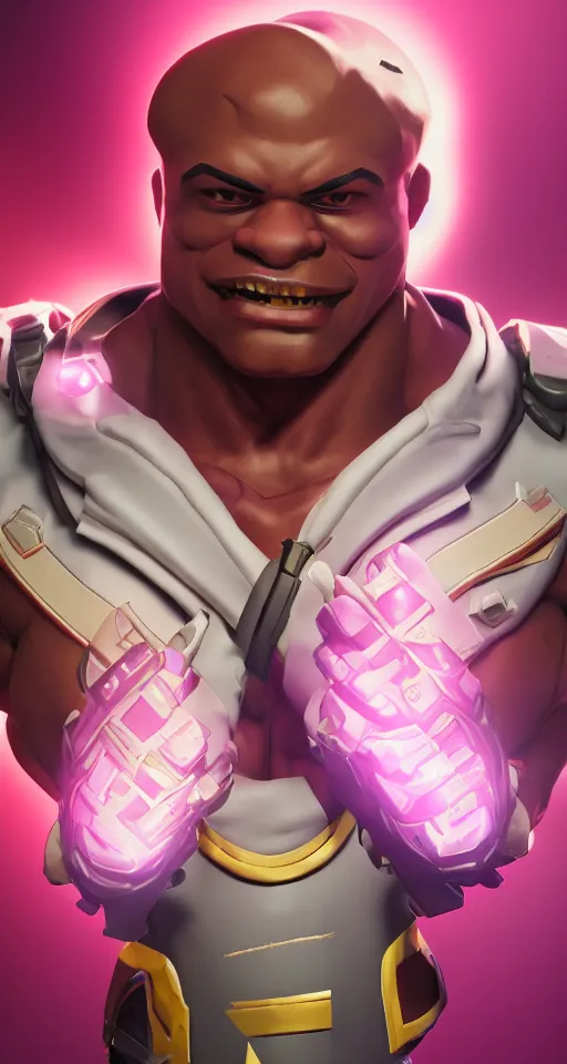 Image similar to doomfist, pink blazer, overwatch game, digital art, high detailed, artstation, 3 d render