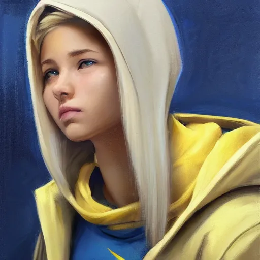 Image similar to greg manchess portrait of a beautiful teen girl with blonde hair, wearing a blue hoodie, as an overwatch character, medium shot, asymmetrical, swedish, cinematic lighting, window, profile picture, organic painting, matte painting, bold shapes, hard edges, street art, trending on artstation, by huang guangjian and gil elvgren and sachin teng