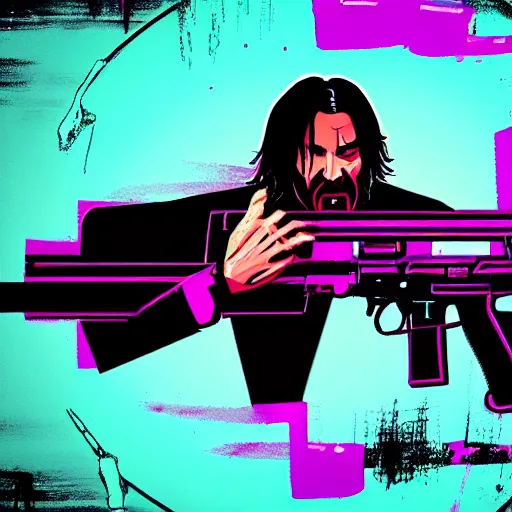 Prompt: john wick, hotline miami art style