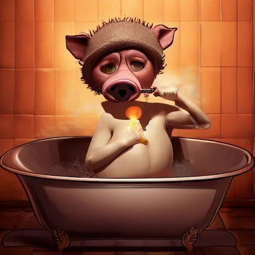 Image similar to a cartoon humanoid anthropomorphic pig lay in the tub, smoking, digital art, very strong lighting, trending on artstation