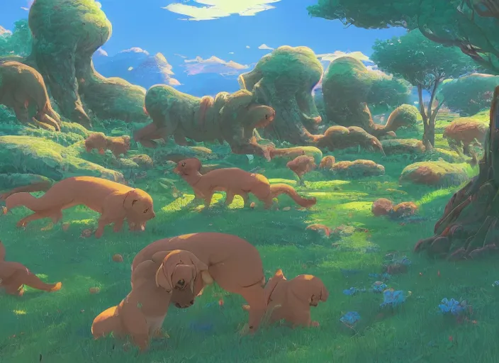 Image similar to concept art of a puppy landscape made of puppies, cel shaded, in the style of makoto shinkai and moebius and peter mohrbacher and anton fadeev