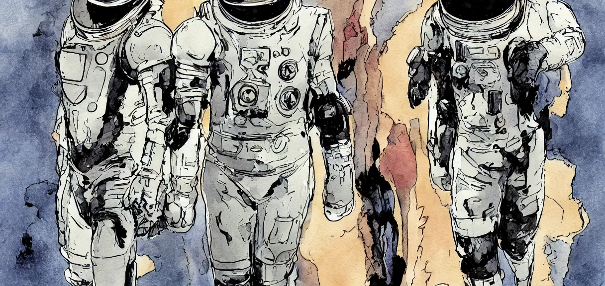 Image similar to male, full body, space suit with a modern helmet, character sheet, science fiction, very stylized character design, pen and ink, digital painting, watercolor wash, by mike mignola, by alex maleev, jean giraud