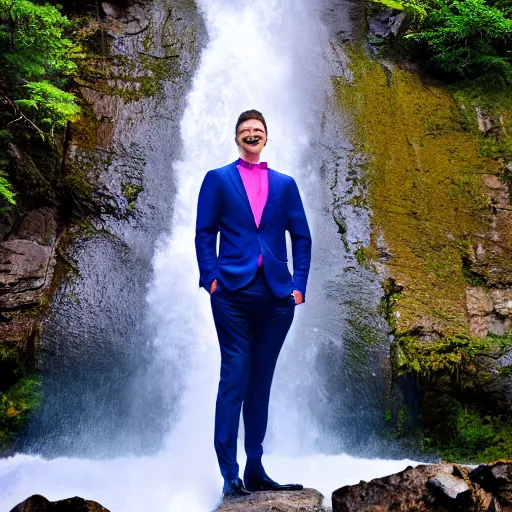 Prompt: portrait of a man wearing a suit smiling with big white teeth, waterfall background, intense blue sky, trees, magenta colors”