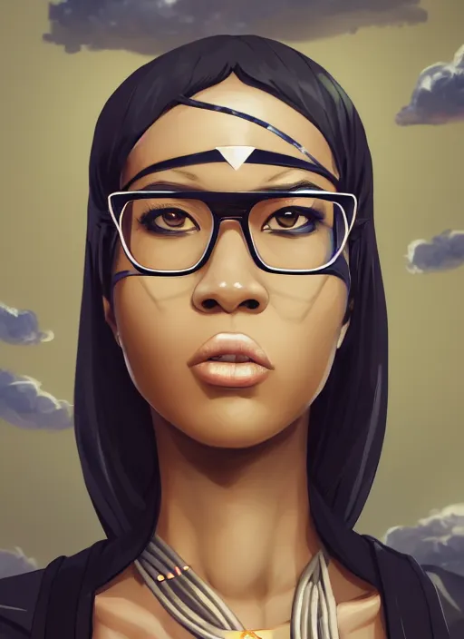 Prompt: attractive female portrait of african ninja, with glasses on, cloud background, war paint on face, rule of thirds, uplight, intricate, symmetrical!!, anime, prism highlights, depth of field, cinematic, filmic, vsco, concept art, artstation, digital painting, elegant, epic, focus