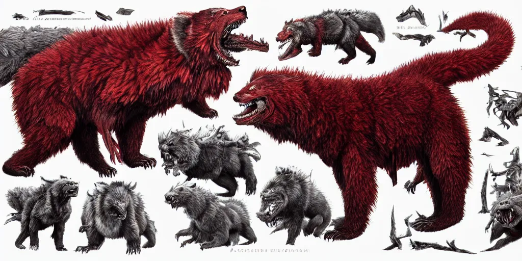 Image similar to Crimson red draconian grizzly bear character design sheet, Monster Hunter Illustrations art book, scaly, demonic, reptilian, white stripes all over its body, Moebius, Greg Rutkowski, Zabrocki, Karlkka, Jayison Devadas, Phuoc Quan, trending on Artstation, 8K, ultra wide angle, zenith view, pincushion lens effect.