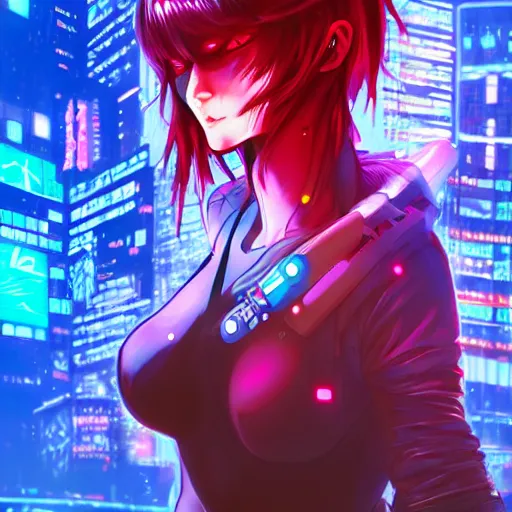 Image similar to colored pencil, anime cyberpunk art, beautiful full body female cyborg - angel, red to blue to purple fade, glowing red left eye and glowing blue right eye, advanced digital cyberpunk art, wlop, rossdraws sakimimichan, ilya kuvshinov, krenz cushart, greg rutkowski - c 1 7