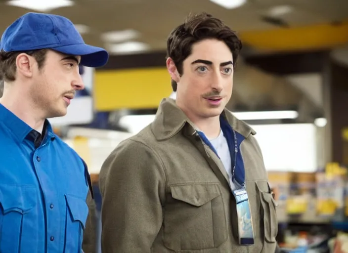 Image similar to film still of ben feldman!!! as jonah simms wearing his blue vest uniform, in superstore, 2 0 1 5