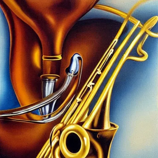 Prompt: a tuba giving birth to a trombone, painted by Salvador Dali