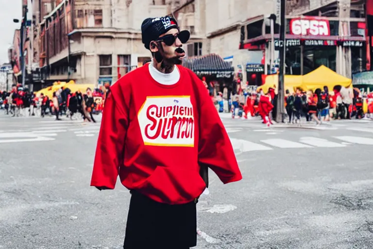 Prompt: hotdog man in a supreme lookbook photo