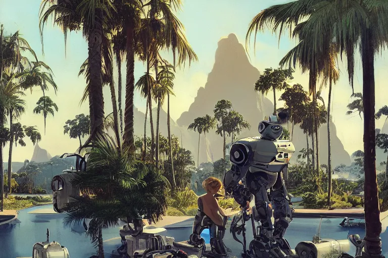 Image similar to natural american landscape | robot greeting another robot | palm trees | snowy mountains, painting by syd mead and weta studio and james jean, frank frazetta, highly detailed, rule of third, soft lighting, 8 k resolution, oil on canvas, architectural magazine, beautiful detailed, insanely intricate details, artstation trending, hypermaximalistic, high details, cinematic