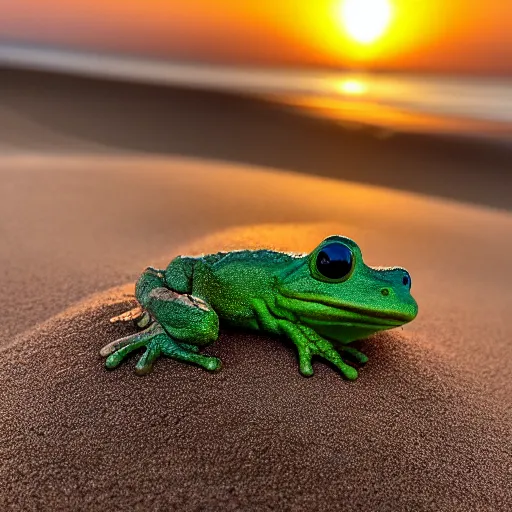 Prompt: a funko pop of a frog buried in the sand, with sunset, macro photo, realistic photo, well-detailed, 8k