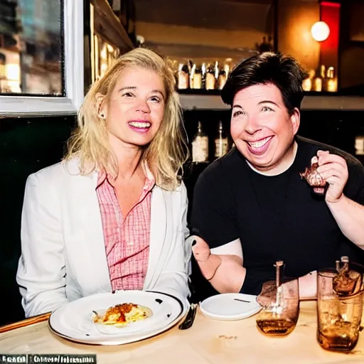 Image similar to portait of michael mcintyre and middle aged blonde woman with short hair and a blonde woman with long hair having dinner at sunday in brooklyn restaurant, photo