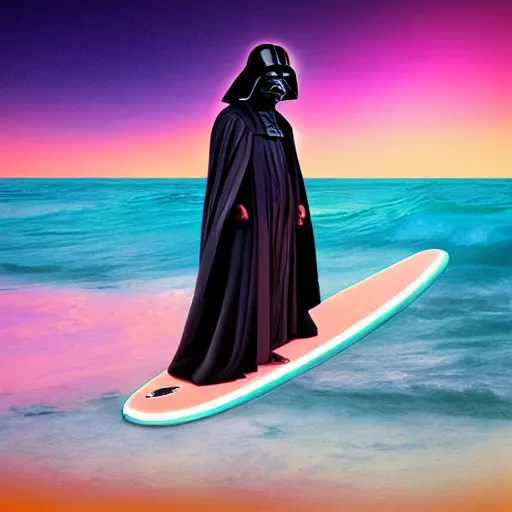 Image similar to darth plagueis the wise on a surfboard at sunset, vaporwave aesthetic, highly detailed