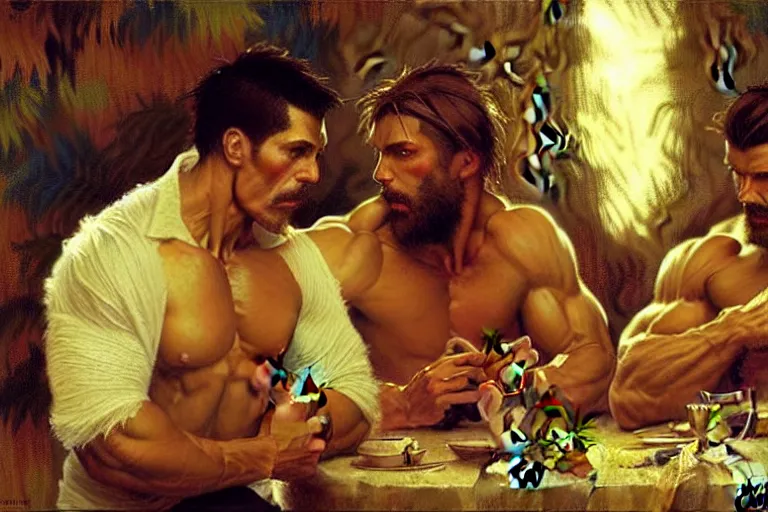 Prompt: 2 muscular attractive men having dinner, painting by gaston bussiere, craig mullins, greg rutkowski, alphonse mucha